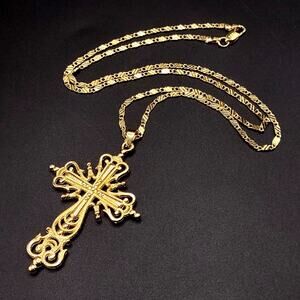 18k Gold Plated Necklace w/ Ornate Gold Cross Vtg Birthday Anniversary Gift